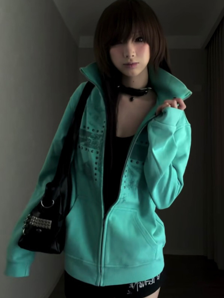 Mint Green Printed Rhinestone  - Vintage Windbreaker Nylon ulasan dan harga